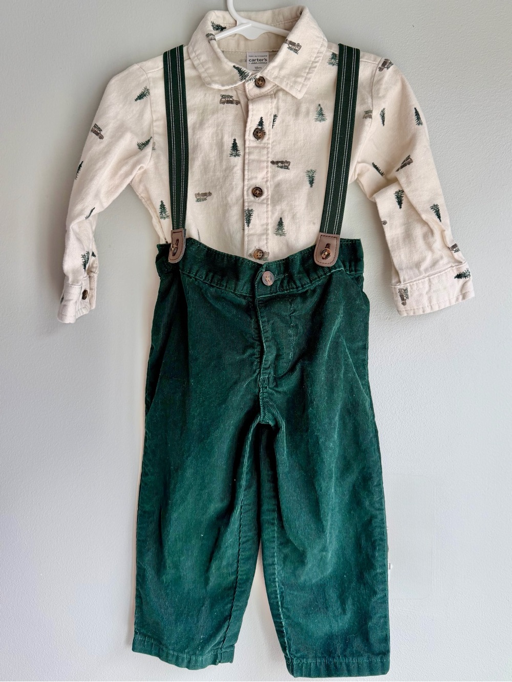 Carter's Forest Green Corduroy Pants with Striped Suspenders - Worn Once!